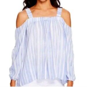 VINCE CAMUTO Striped Cold Shoulder Summer Blouse (Blue, White, M)
